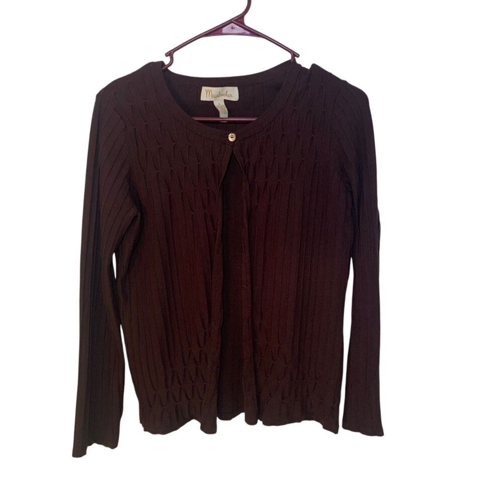 Mainbocher Dark Chocolate Brown Ribbed Cardigan Sweater S Preppy Quiet Luxury